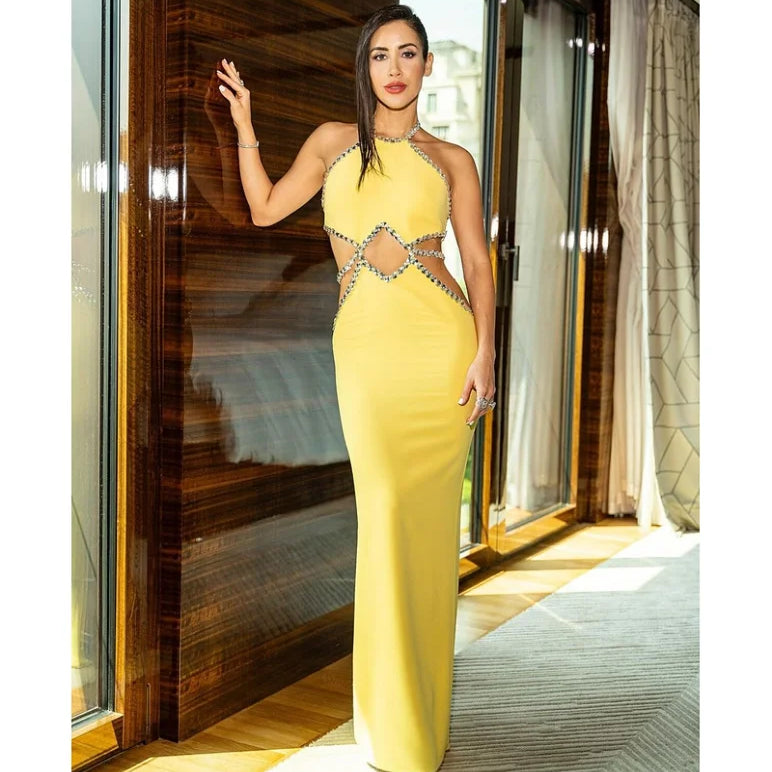 STOCK Lemon Yellow Sexy Hollow Out Sparkling Diamonds Ankle Length Bandage Dress Elegant Woman Evening Party Outfit