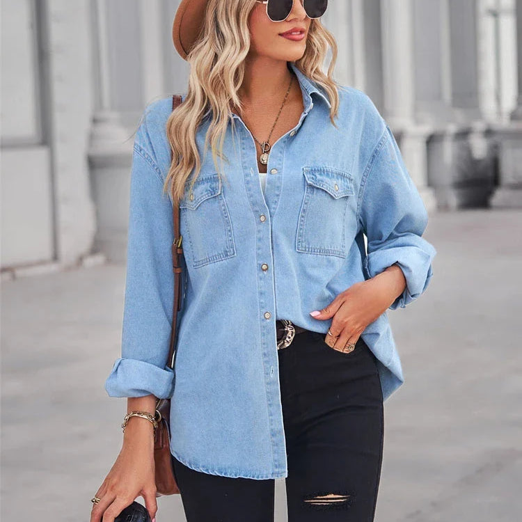 Women Button Down Denim Shirt Casual Long Sleeve V Neck Chambray Blouse Top Boyfriend Style Loose Fit Daily Wear Jean Shirts