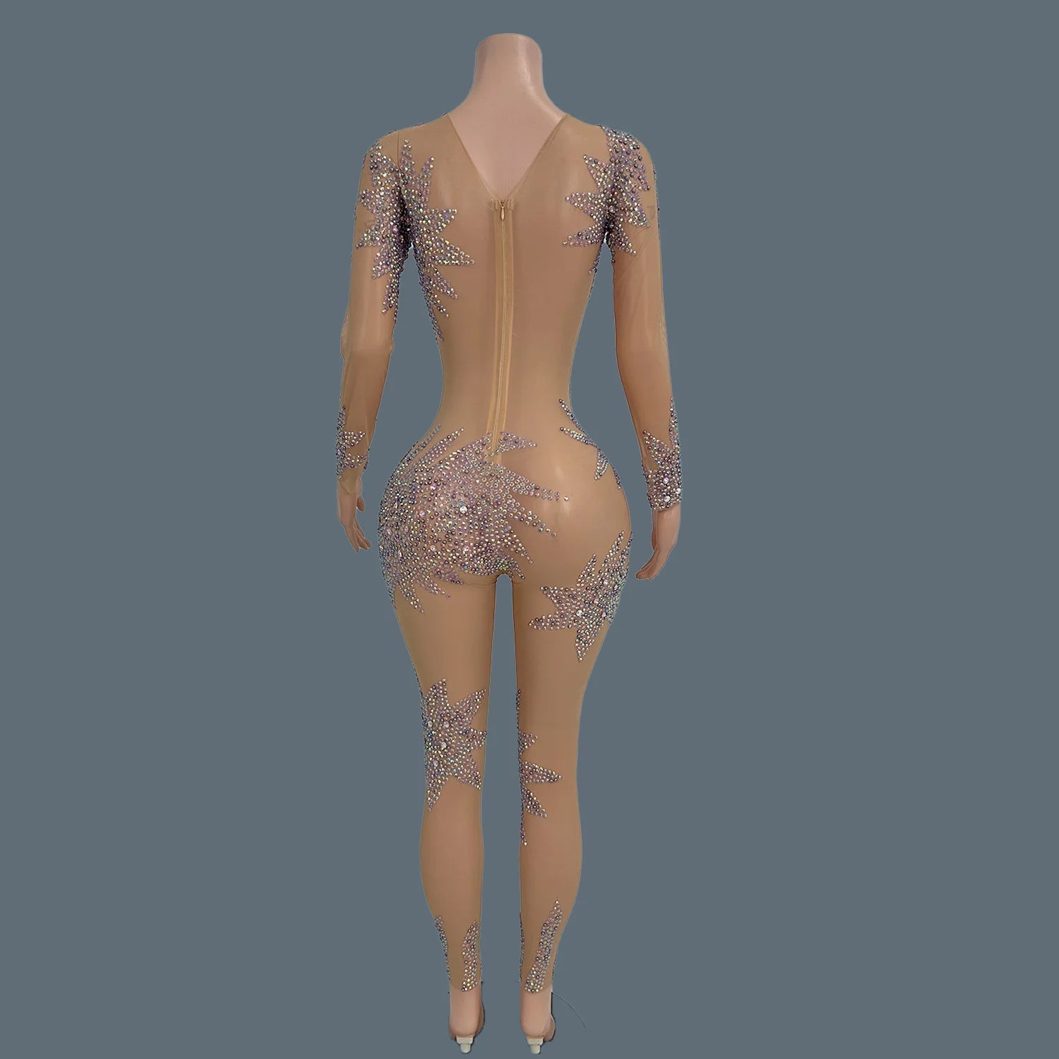 Sexy Transparent Tight Jumpsuit Women High Street Purple Performance Dancer Costume Mesh Diamonds Show Stage Rompers Ziluolan