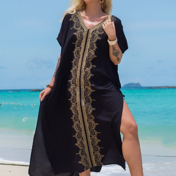 Vintage Embroidery Kaftan Sexy V-neck Batwing Sleeve High Waist Maxi Dress Tunic Women Clothing Summer Beach Dresses Q660 Q1457 One Size