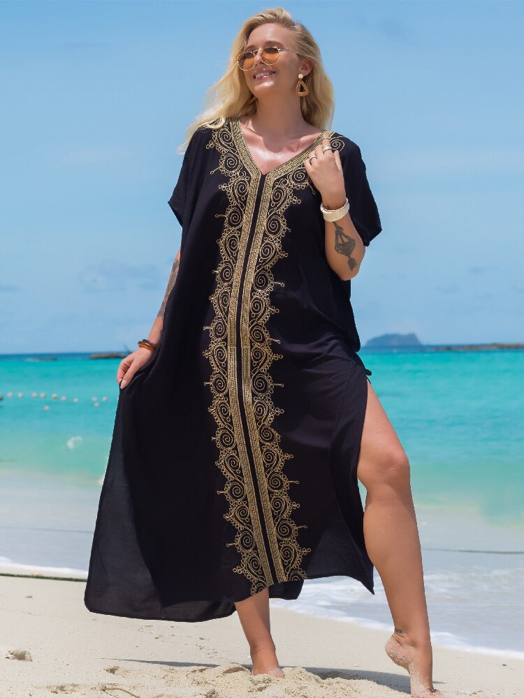 Vintage Embroidery Kaftan Sexy V-neck Batwing Sleeve High Waist Maxi Dress Tunic Women Clothing Summer Beach Dresses Q660 Q1457 One Size
