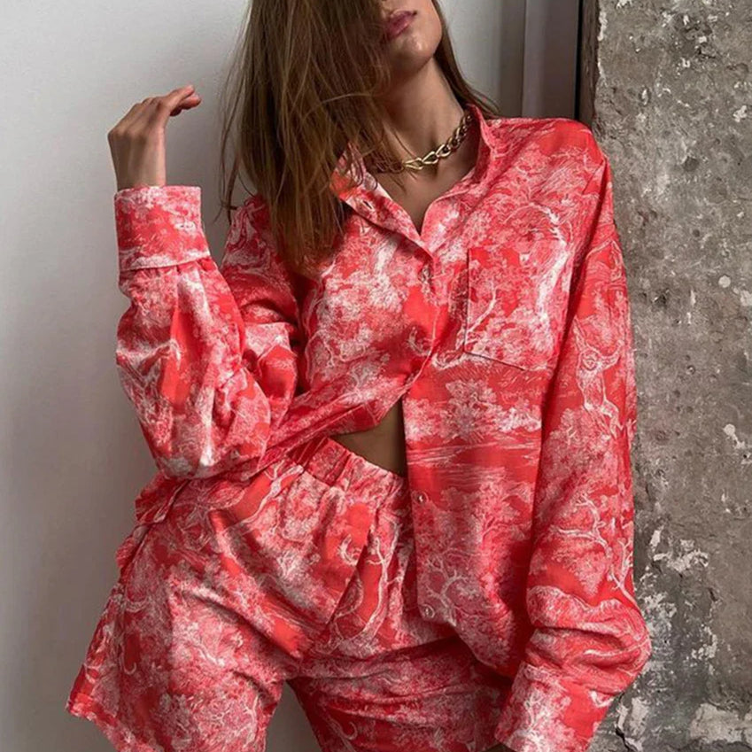Clacive Fashion Loose Print 2 Piece Sets Women Outfit Elegant Long Sleeve Shirt With High Waist Shorts Set Streetwear Red