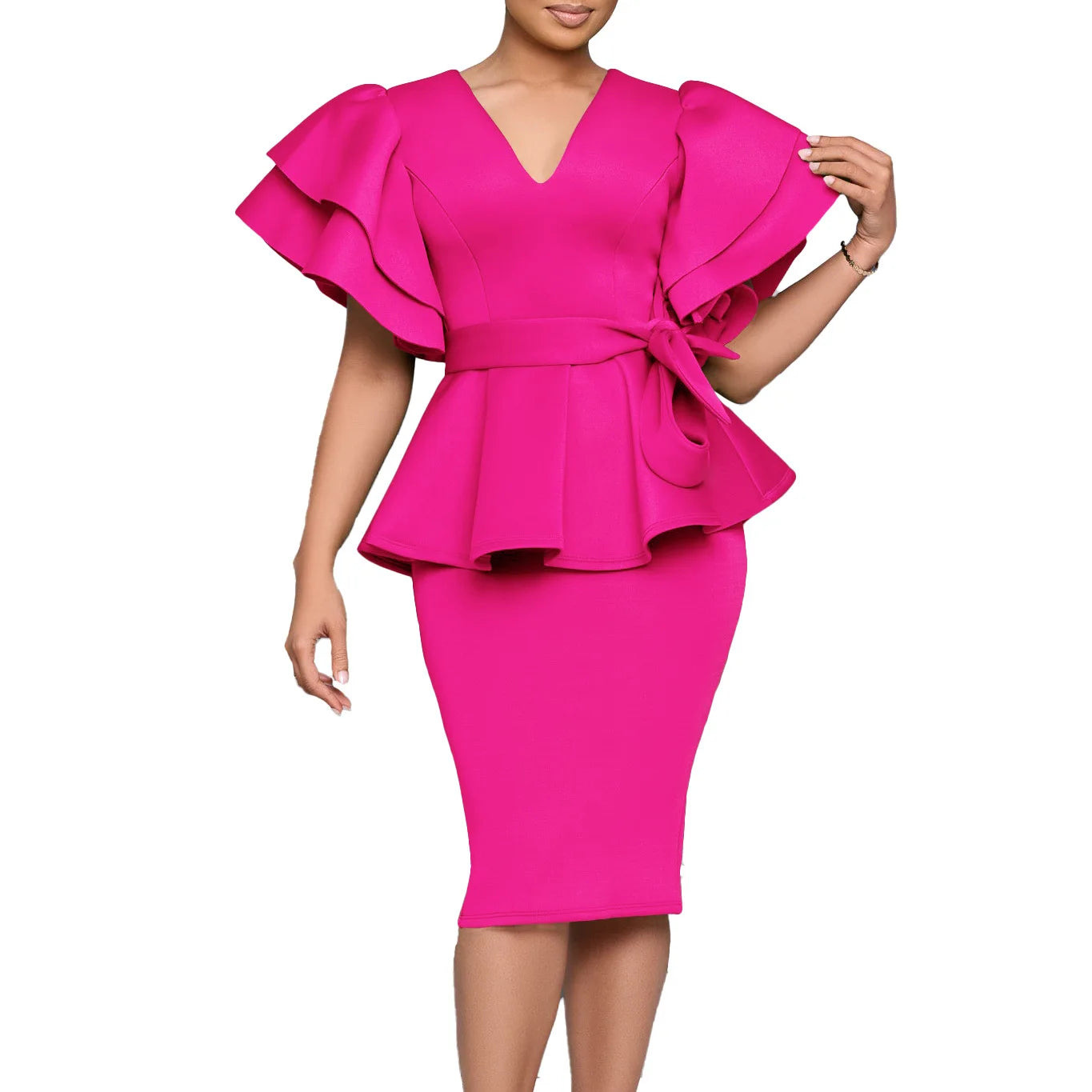Women Short Sleeve V-neck Belt High Waist Midi Dress 2025 Summer Africa OL Work Evening Sexy Party Dresses Vestidos Rose Red