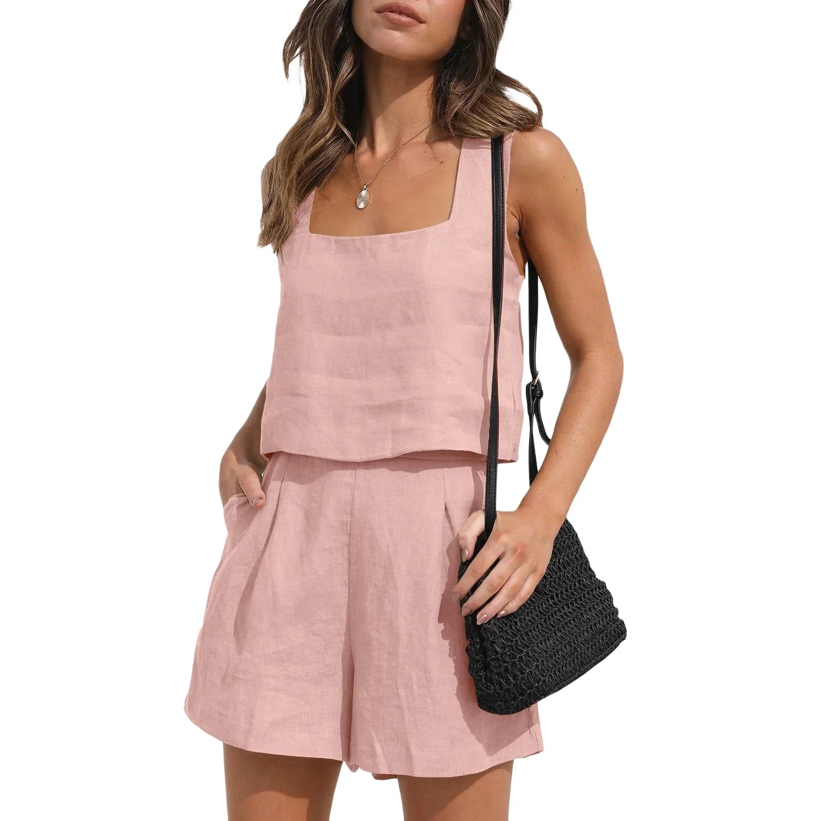 Short Suit Women 2 Pieces Set Vest Shorts Outfit Solid Color Sleeveless Spring Summer Pockets Casual Daily Linen Female Clothing Pink