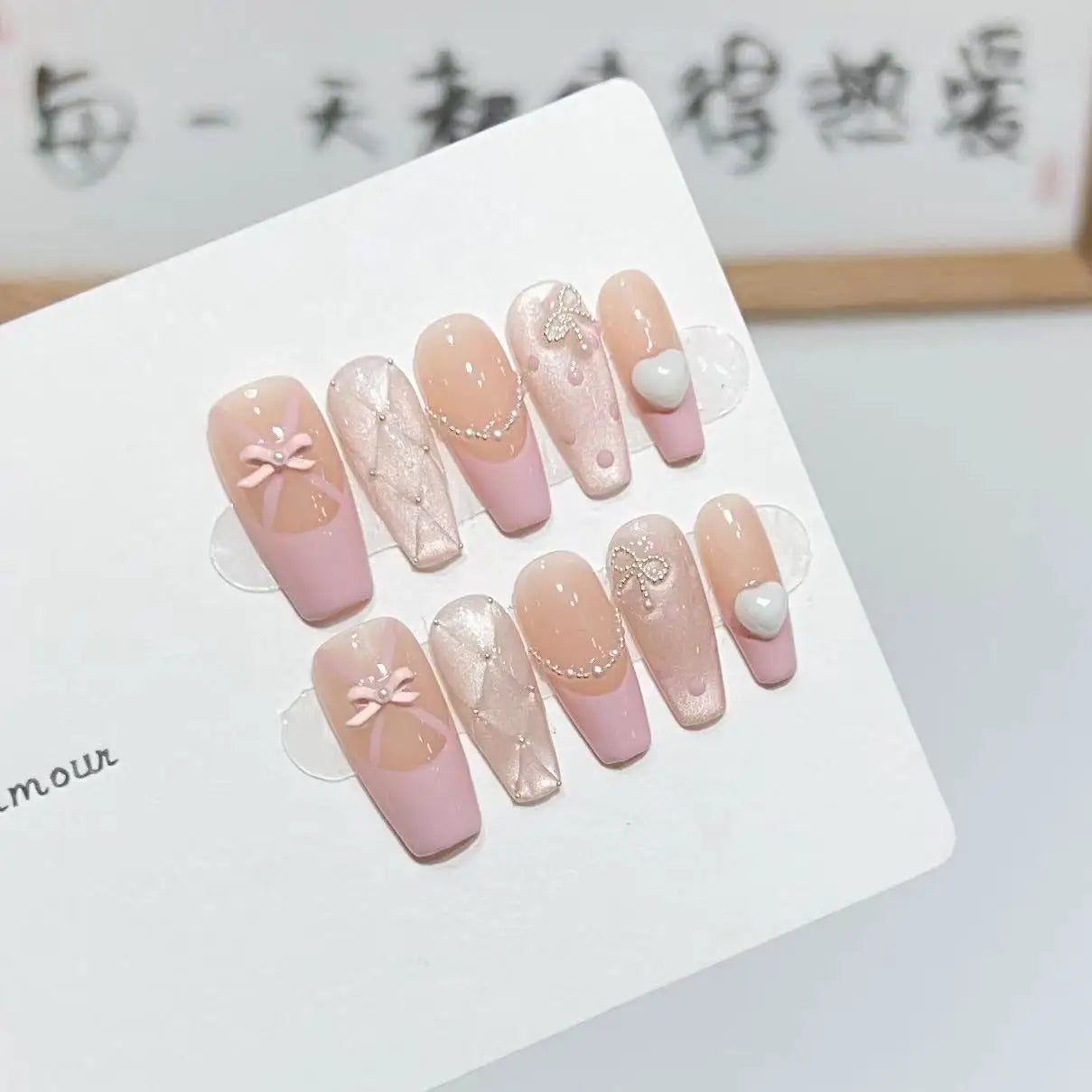 10Pcs Mid-length Ballet Cat Eye Handmade Gel Nails with Glue Sweet Mori Girl Nail Art Shimmery Butterfly Fake Nail Manicure Tips