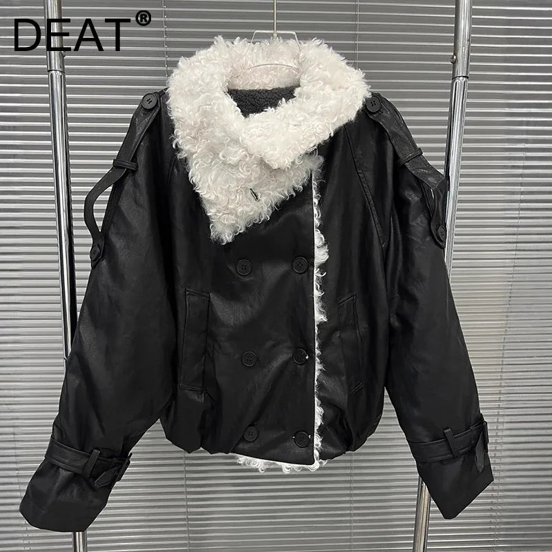 Autumn Winter New Niche Design Lamb Wool Patchwork Warm Leather Jacket For Women Loose Double-breasted Coat 11A07816