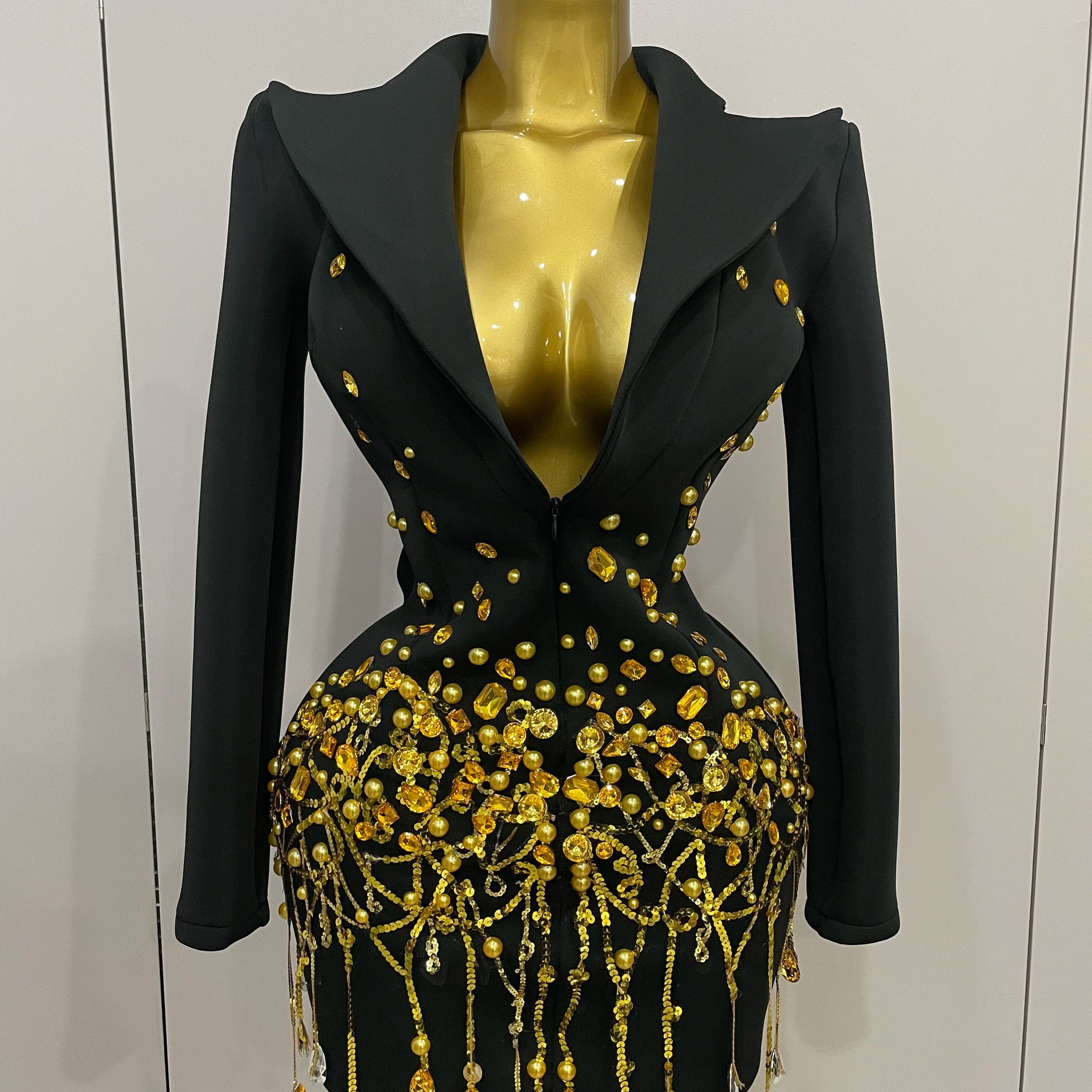 2025 Sparkly Crystal Chains Pearls Long Sleeve Mini Dress Women Birthday Evening Party Nightclub Outfit Singer Wedding Costume Gold