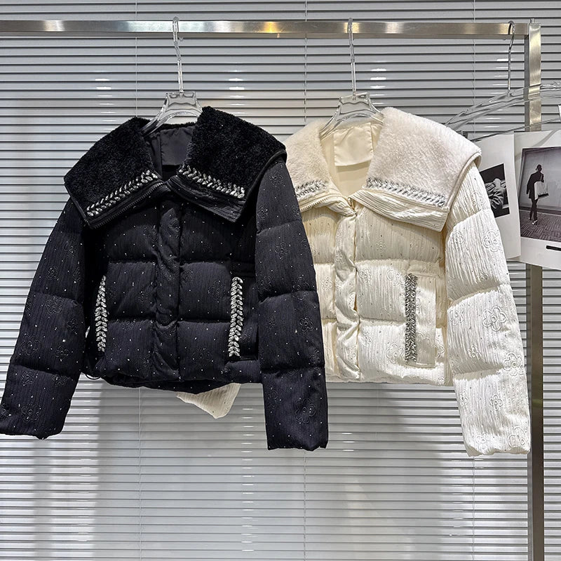 Winter New Sweet Fashion Fleece Sailor Collar Rhinestone Edge Heavy Cotton-padded Jacket For Women Warm Coat 11A07590