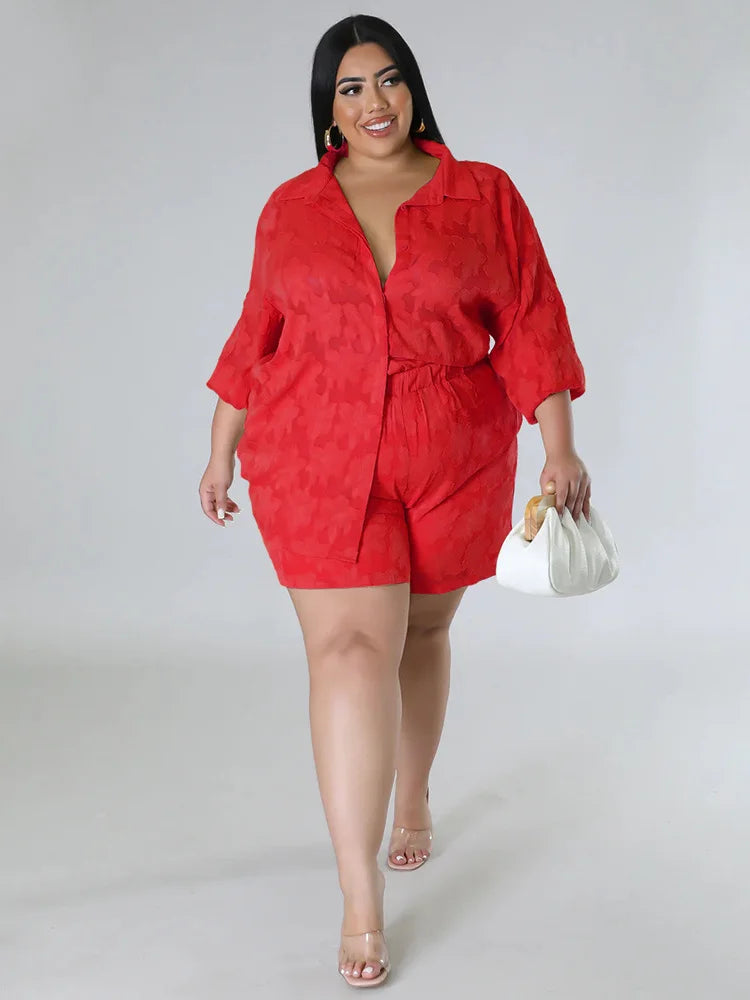 Wmstar Plus Size Two Piece Sets Women New Matching Sets Loose Shirts Top Shorts Tracksuit Casual Summer Wholesale Dropshipping Red