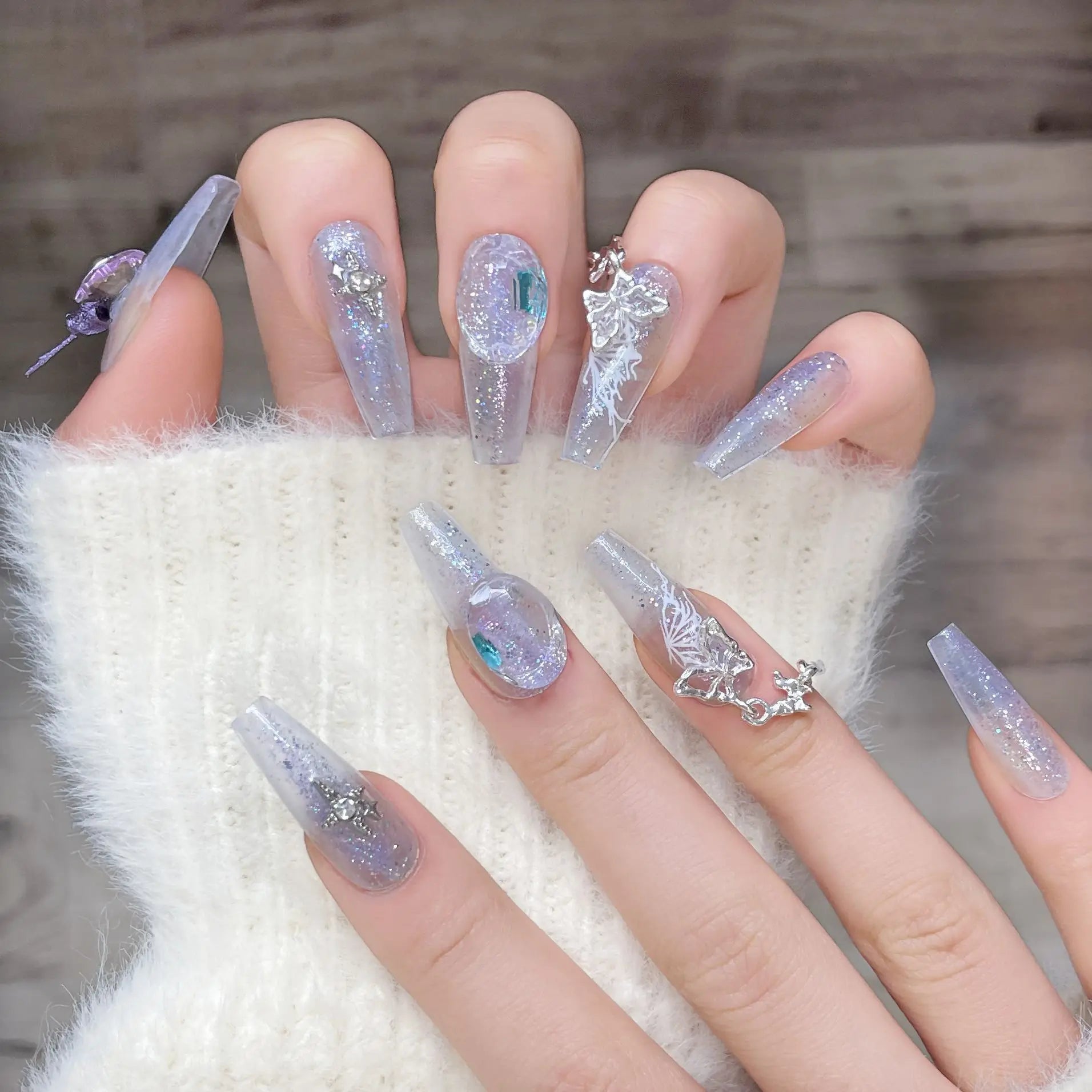 10Pcs Long Coffin Ballerina Crystal Handmade False Nails with Diamond Glitter Butterfly Fake Nail Ombre French Press on Nail Tip