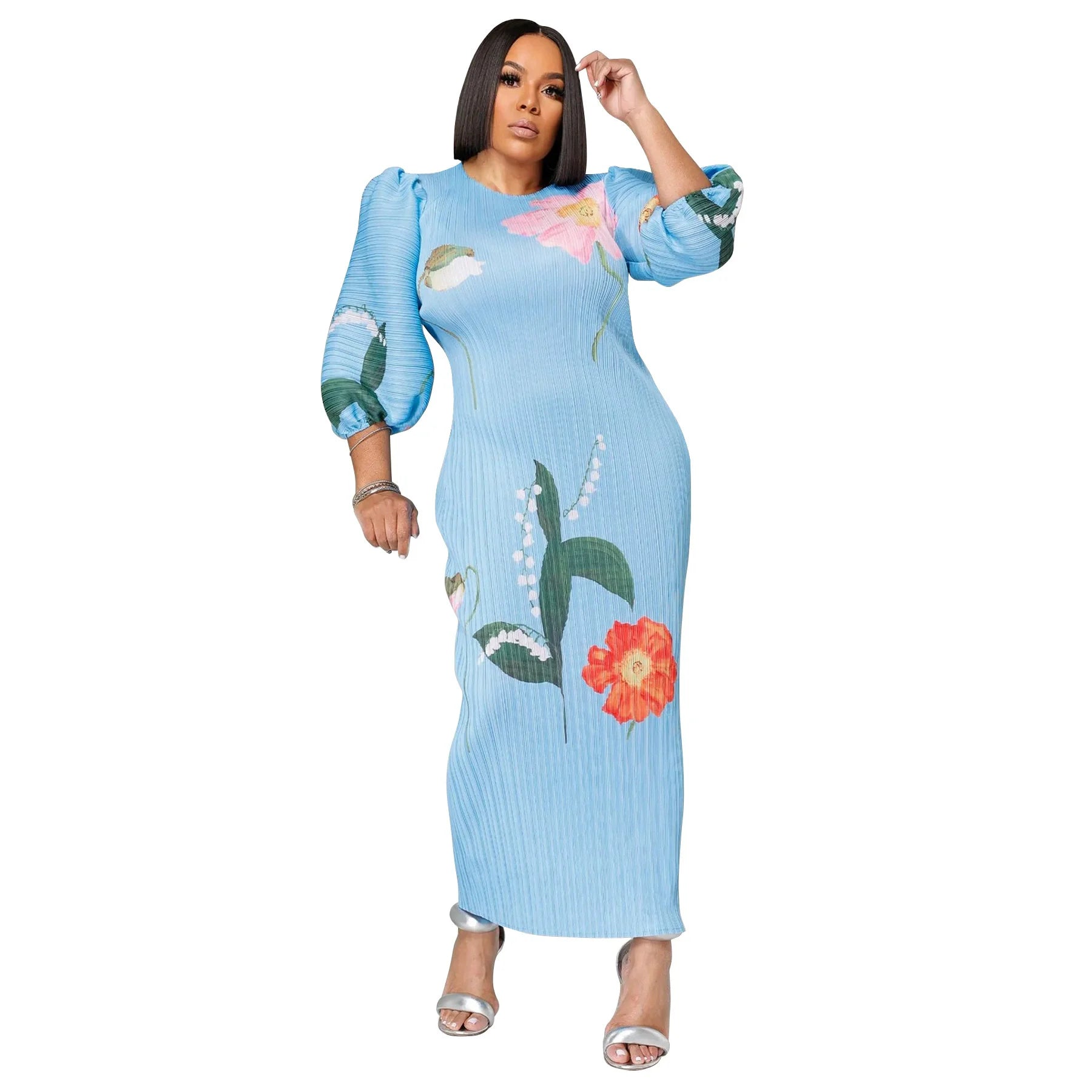Elegant Women Pleated Half Lantern Sleeve O-neck Slim Maxi Long Dress Print Fashion Autumn 2024 Ruched Dresses Vestidos SKY BLUE One Size
