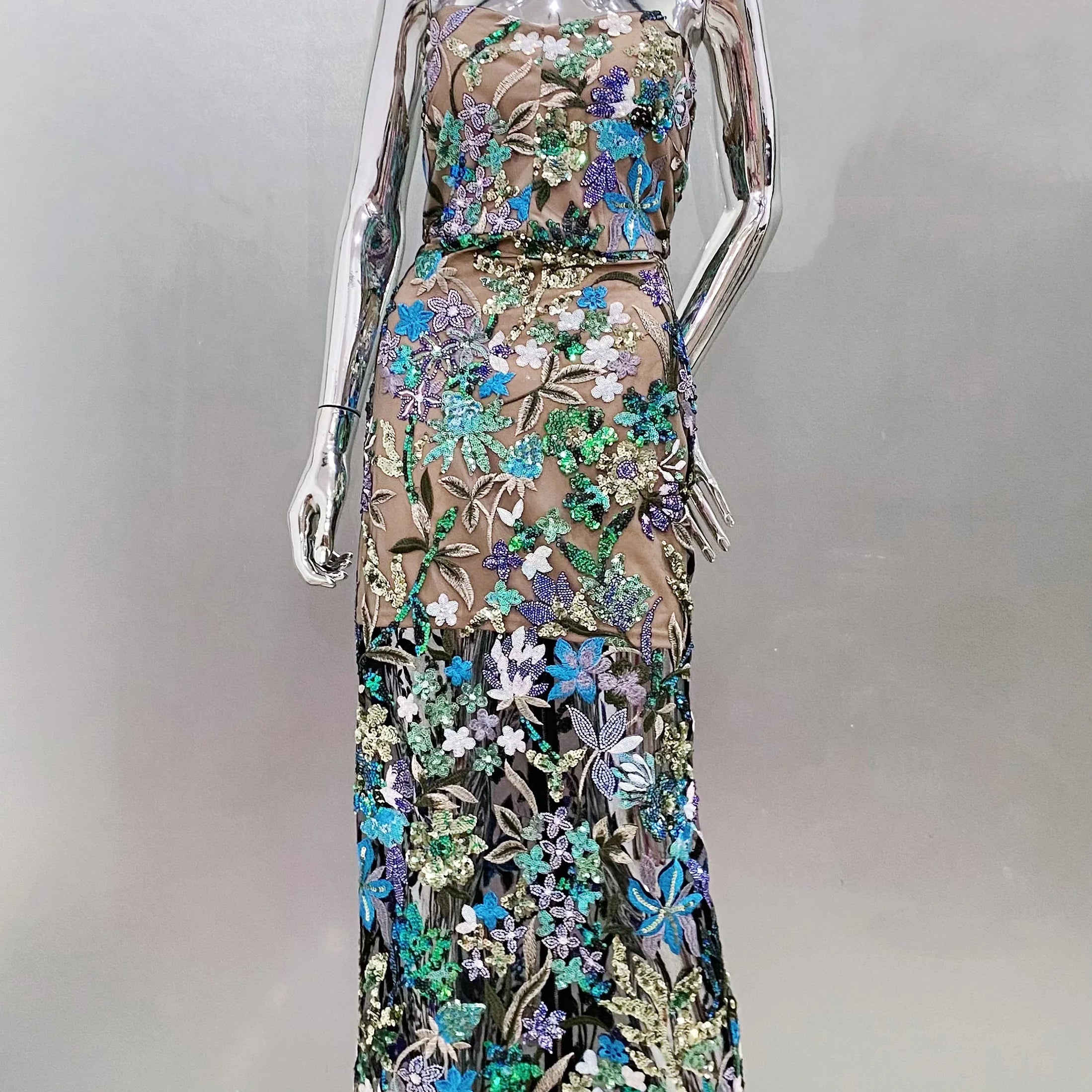 Sequin Flowers Embroidery Sexy Mesh See Through Strapless Ankle Length Dress Elegant Woman Evening Dress Celebrity Party Outfit green