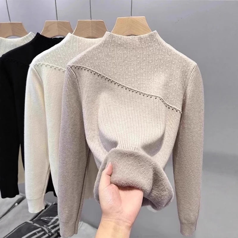 Autumn Winter New Thickened One-Piece Fleece Half High Collar Knitted Base Shirt For Women Inner Pullover 11A07626 Khaki One Size