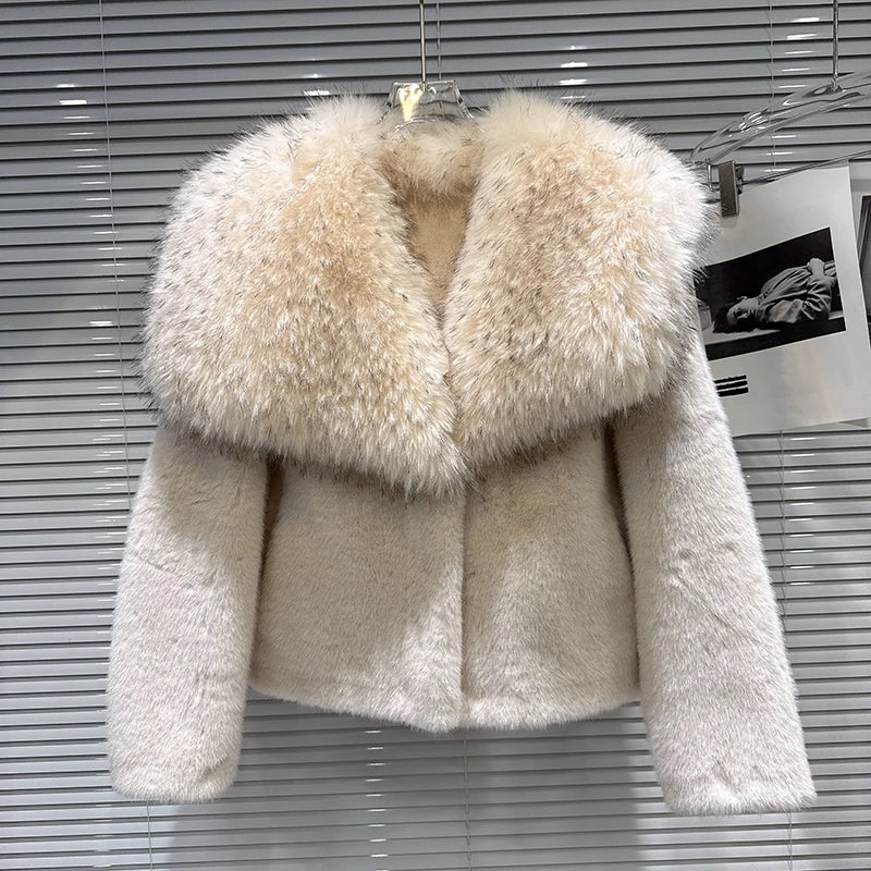 Winter New Fashion Big Fur Collar Faux Fur Short Coat For Women Versatile High Quality Thicken Jacket Female 11A07809