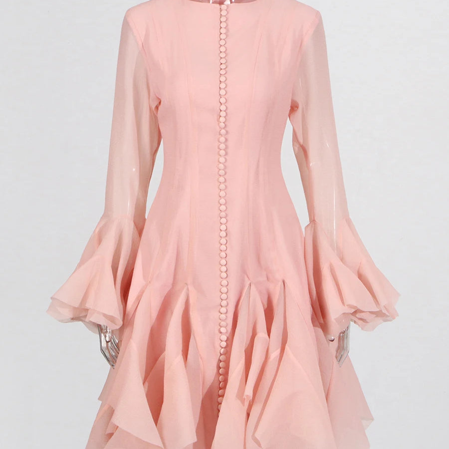 Solid Spliced Button Slimming Dresses For Women O Neck Long Sleeve High Waist Patchwork Ruffles Female Fashion New