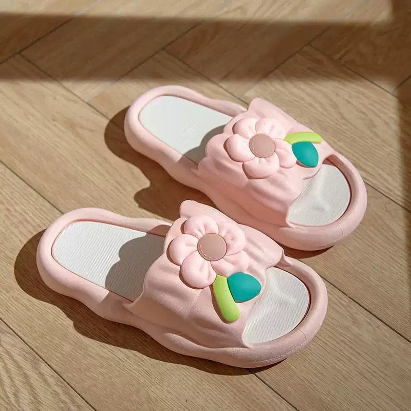Slipper Women Men Summer Thick Bow Tie Slippers Women Indoor Home Sandals Couples Bathroom Slides Non-slip Soft House Slippers flower-1