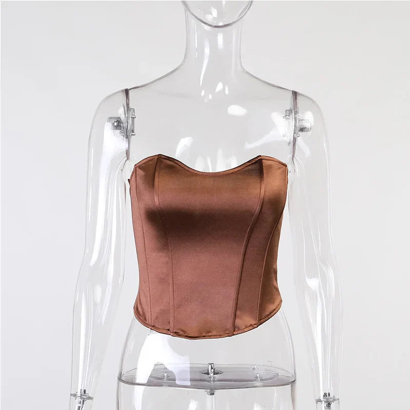 Sexy Women Tube Tops Solid Sleeveless Slim Skinny Corset Cropped Top 2023 Summer Casual Elegant Female Strapless Vest Brown