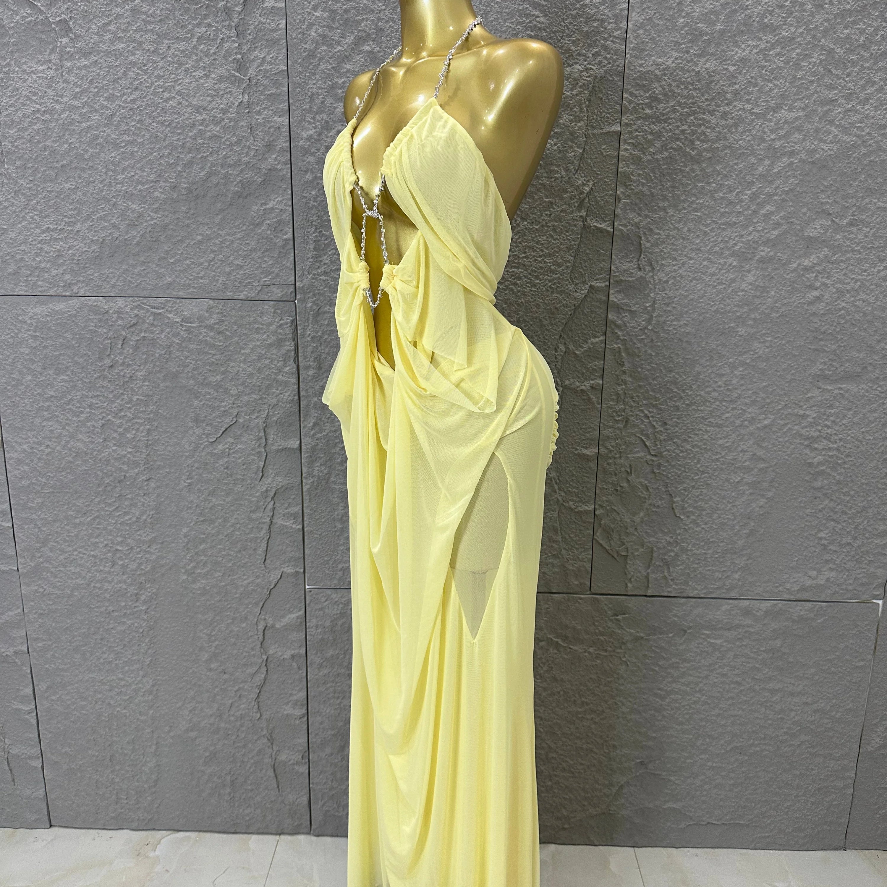 Sexy Halter Neck Maxi Dress Crystal Chain Cutout Ruched Women Sheer Mesh Form Outfit Glamorous Evening Gala Party Costume