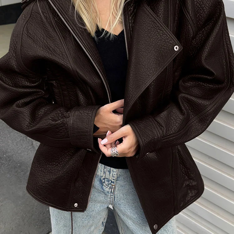2025 Women Faux Leather Jacket Zipper Stand Collar Long Sleeve Loose Coat Fashion Autumn Winter Lady Thick Warm Outwear