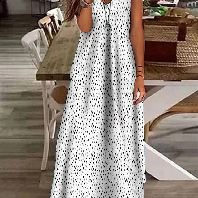 Summer Boho Floral Polka Dot V Neck Long Maxi Dress Elegant Ladies Holiday Beach Loose Retro Sundress White