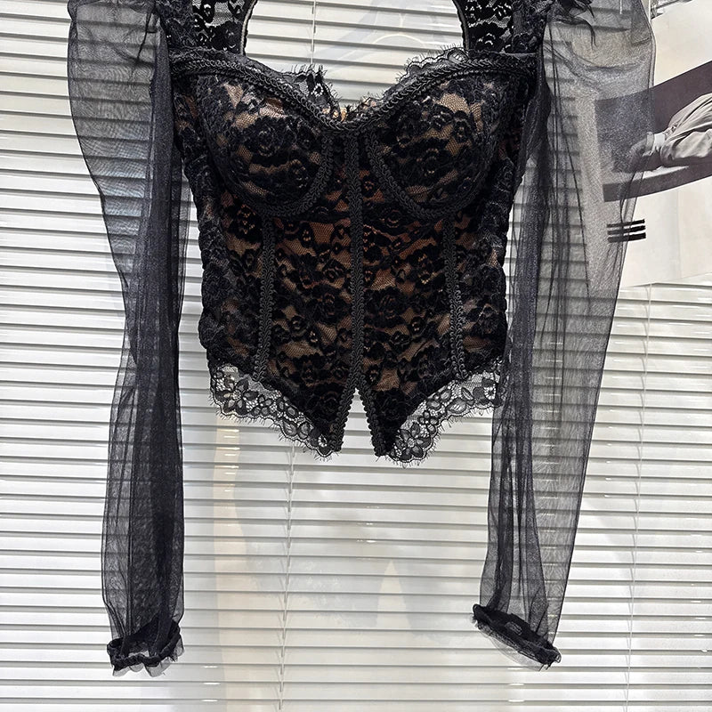 Winter New Fashion Mesh Sleeve Hollow Fishbone Chest Pad Slim Fit Lace Shirts For Women Versatile Short Top 11A07463