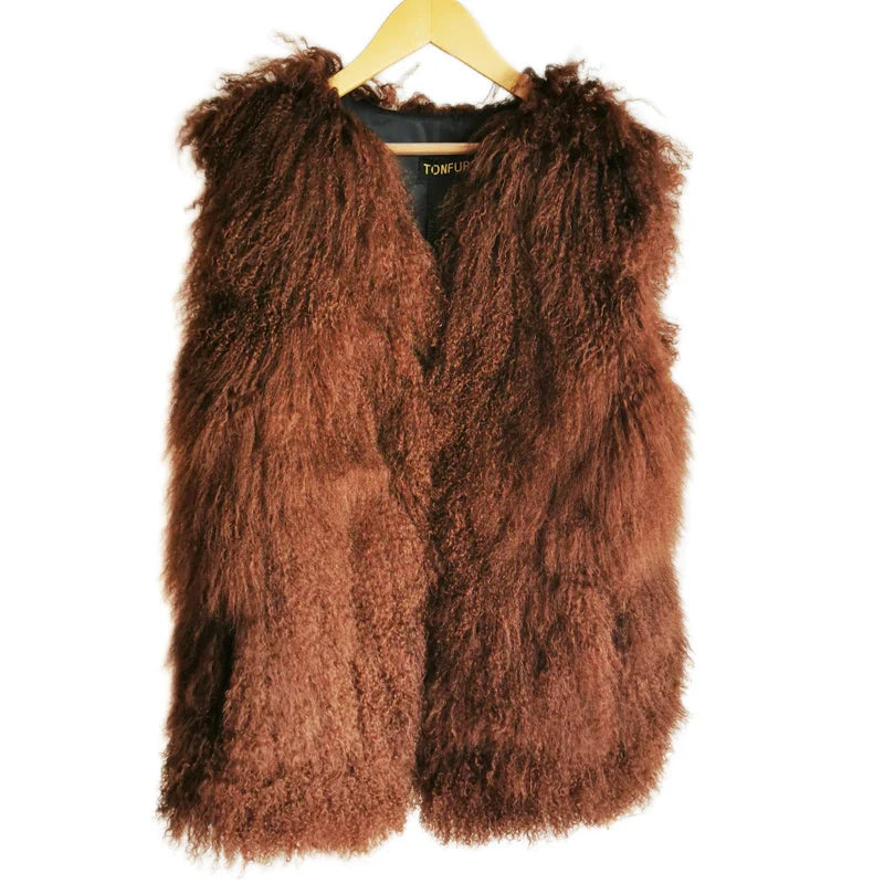 11 Colors Luxury Thick Warm Mongolia Sheep Fur Vest Women New Winter Hot V-neck Sexy Wool Fur Coat Brown