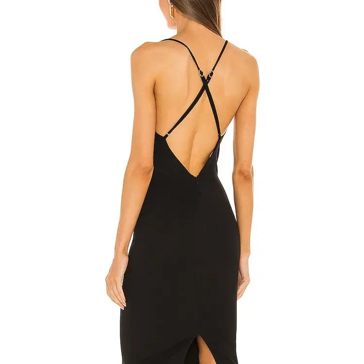 Ailigou Women's Fashion Black Sexy Deep V Neck Sleeveless Gold Ring Hollow Out Backless Skinny Mid Length Celebrity Party Dress