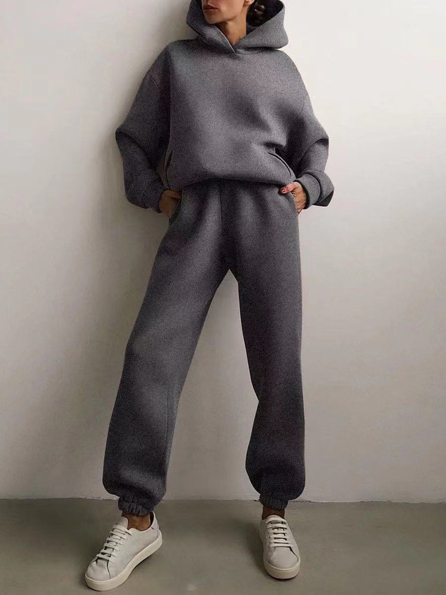 Winter Women Two Piece Sets Tracksuit Autumn Casual Solid Long Sleeve Hoodie Sweatshirts Female Oversized Trouser Pant Suit dark gray