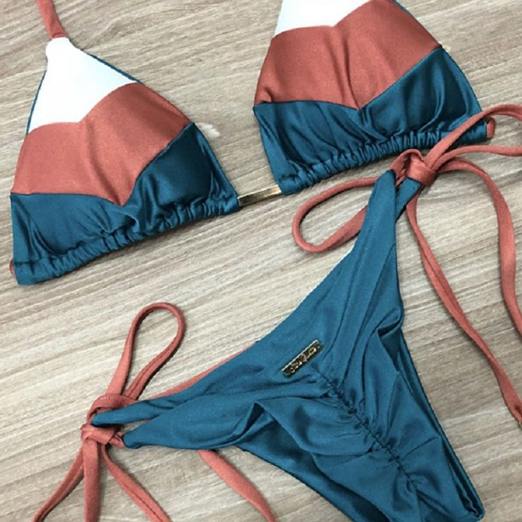 Sexy Halter Swimsuit Thong Micro Bikini Push Up - Brazilian Bikini Tropical Plant Print Swimwear String Mini Swimsuit as picture