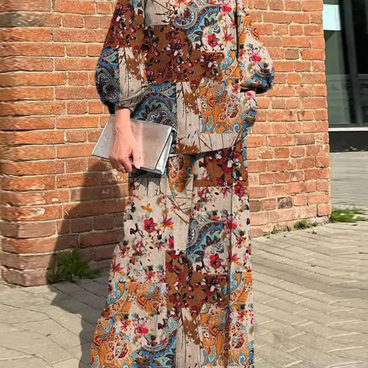 Plus Size ZANZEA Bohemian Matching Sets Casual Printed 2pcs Suits 2023 Women 3/4 Sleeve Tops Tracksuit Autumn Wide Leg Pant Sets Khaki