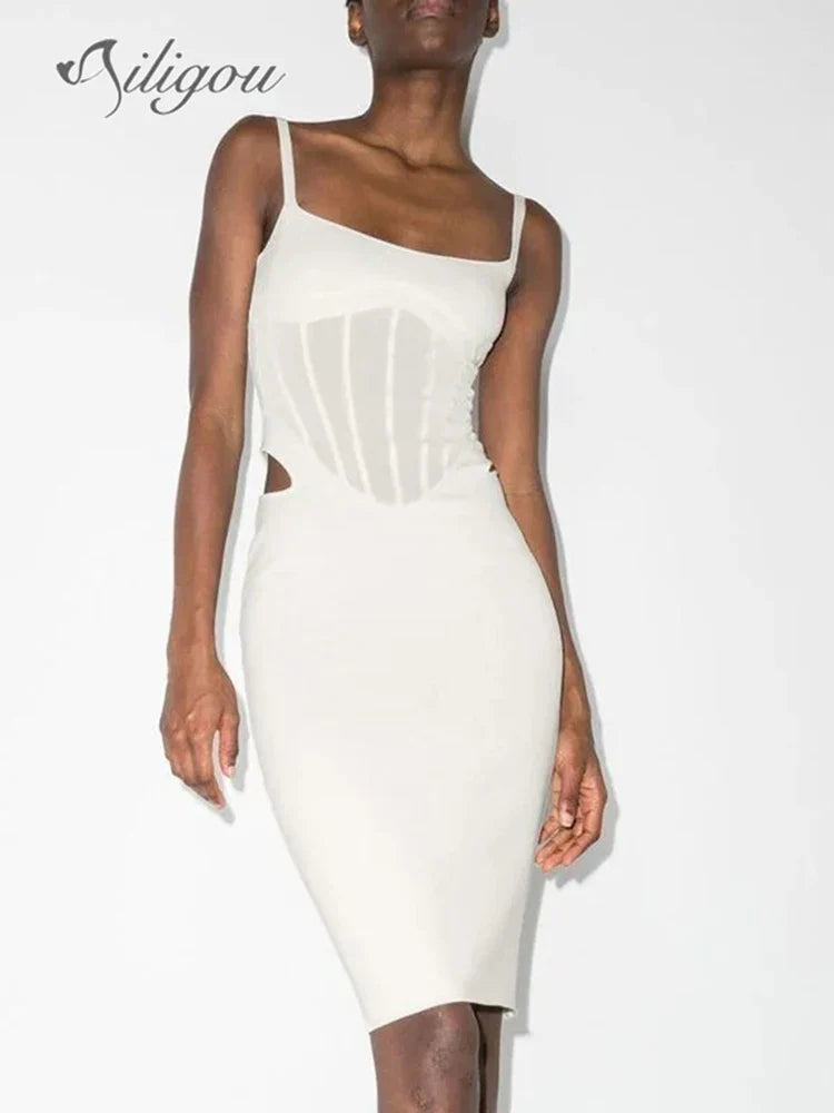 Ailigou New Summer Women's Sexy Sleeveless Tight Fit Midi Bandage Dress with Hollow Lace Elegant Celebrity Party Club Dress
