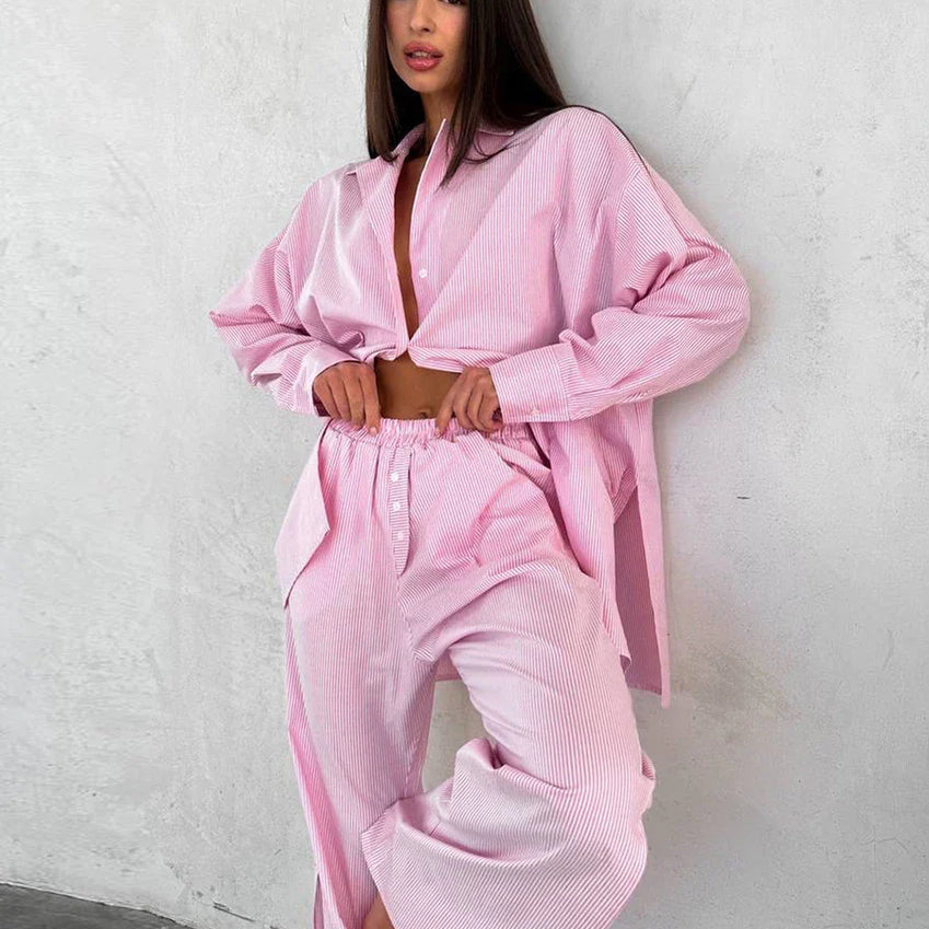 Clacive Fashion Loose Blue Stripe Cotton 2 Piece Sets Women Outfit Elegant Long Sleeve Shirt With High Waist Wide Pants Set