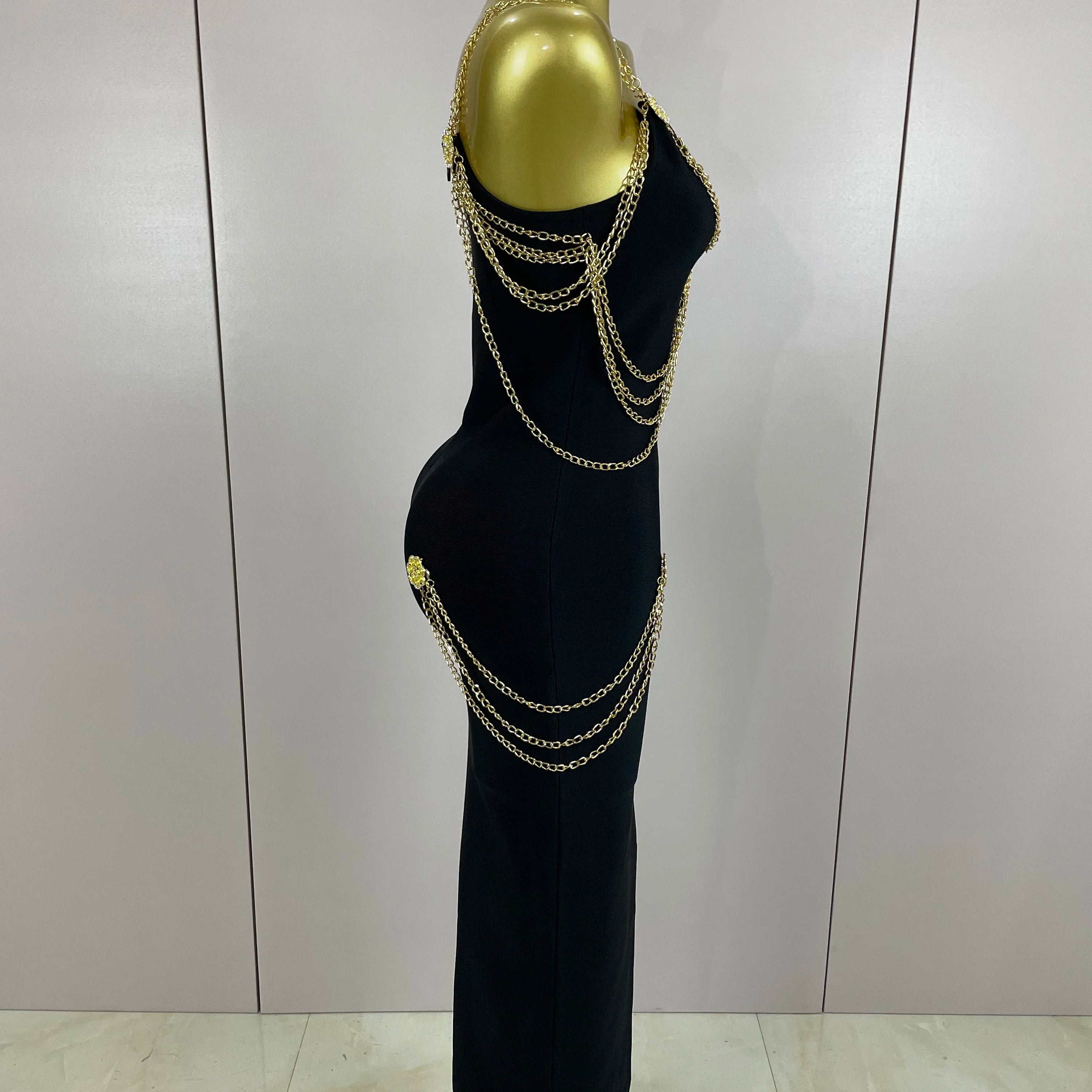 2025New New Black Chain Spaghetti Strap V-Neck Split Bandage Dress Bodycon Celebrity Club Party Long Dress Vestidos