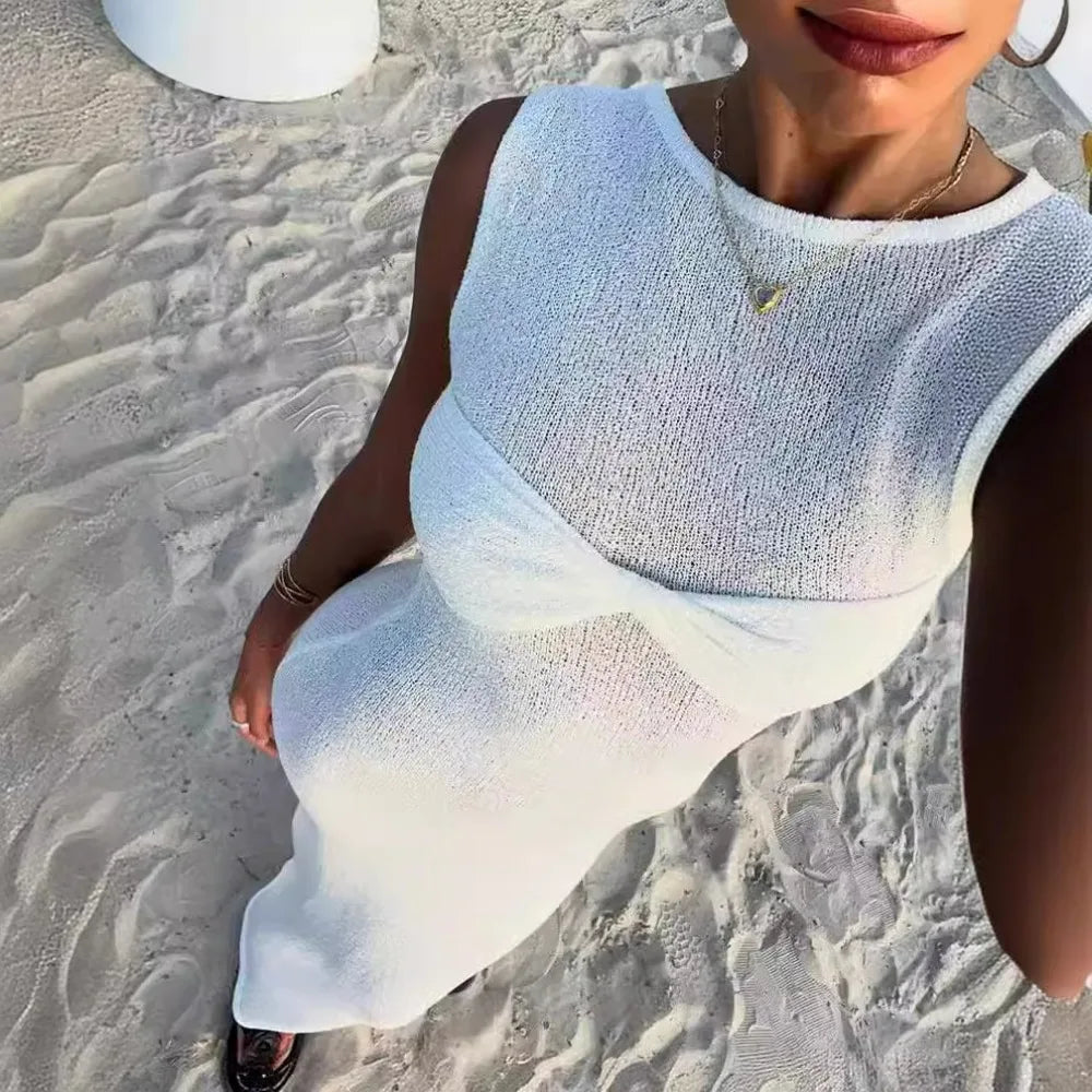 White Knitted Long Dress Women Sexy See Through Slim Beach Dress Summer Elegant Fashion Sleeveless Holiday Outfits  Pink