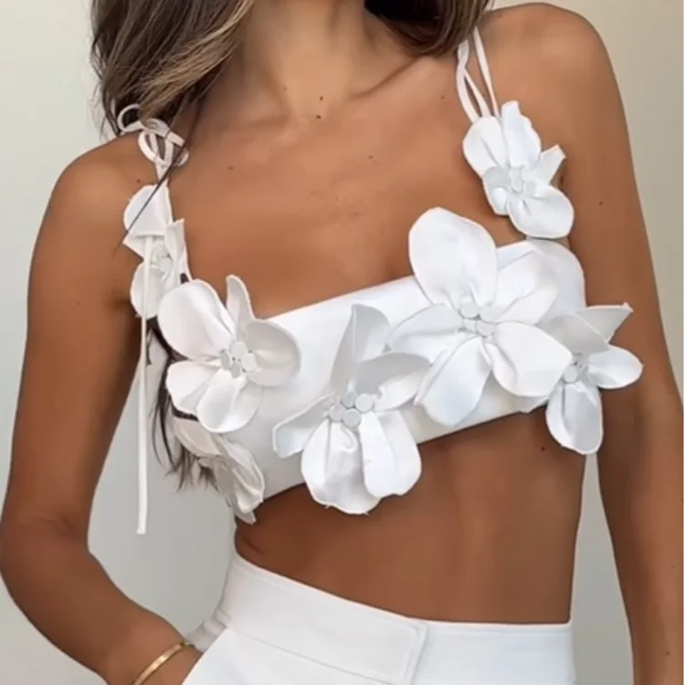 Summer Sexy 3d Flowers Sling Tank Tops Women Elegant Slim White Backless Crop Top New Chic Female Holiday Party Outfits