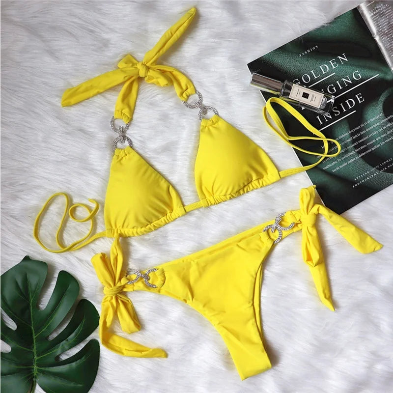 Yellow Sexy Bikinis  Women Solid Color Swimwear Female Swimsuit Swim Beachwear Bathing Suit Brazilian Bikini Set Pool Bather