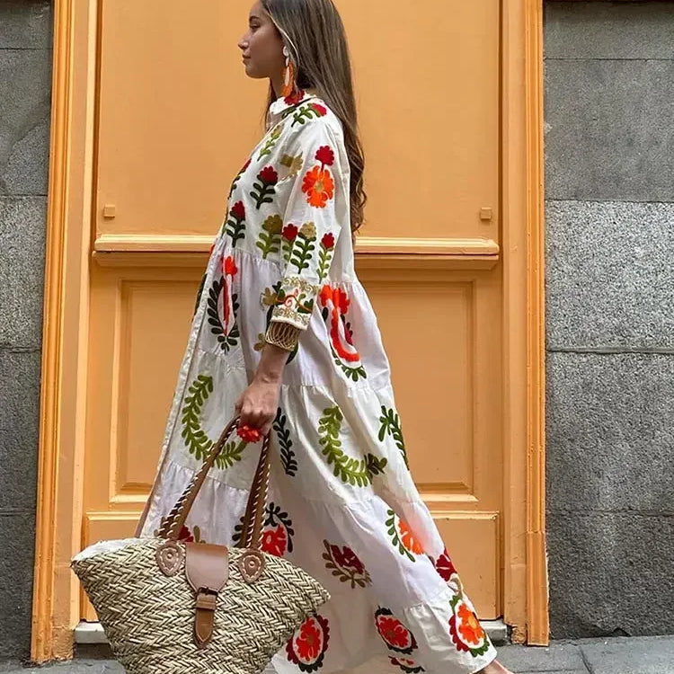 Vintage Flower Print Single Breasted Long Dress Women Elegant Lapel Half Sleeves Loose Hem Dresses Female Vocation Vestidos