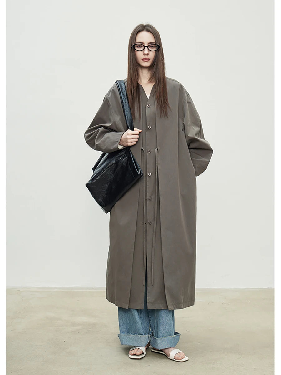 Lautaro Spring Autumn Oversized Long Flowy Soft Trench Coat for Women V Neck Elegant Luxury Designer Fake 2 Piece Clothes 2025 Olive Green