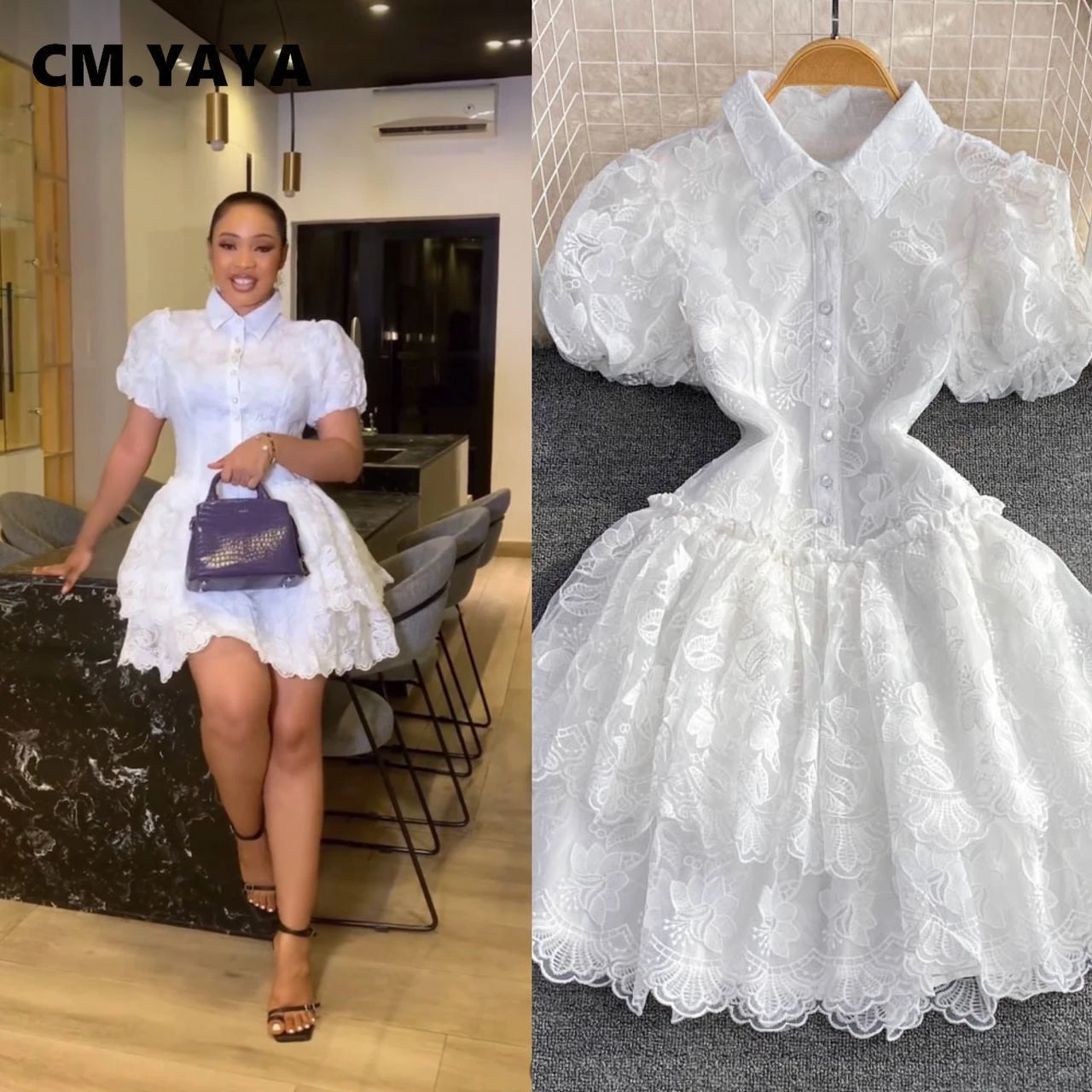 CM.YAYA Women Short Sleeve Lace Embroidery A-line Tiered Mini Dress 2025 Sweet Elegant Sexy Evening Night Party Vestidos Dresses