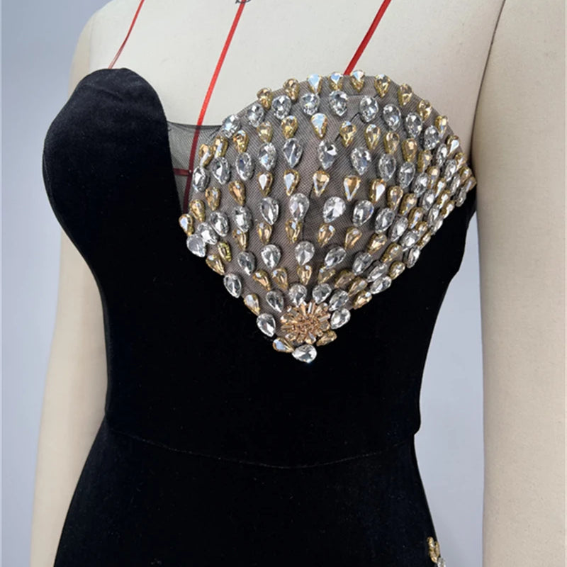 2025 Luxury Shining Diamonds Sexy High Slit Stapless black velvet Long Dress Elegant Woman Birthday Party Dress Goddess Vestido