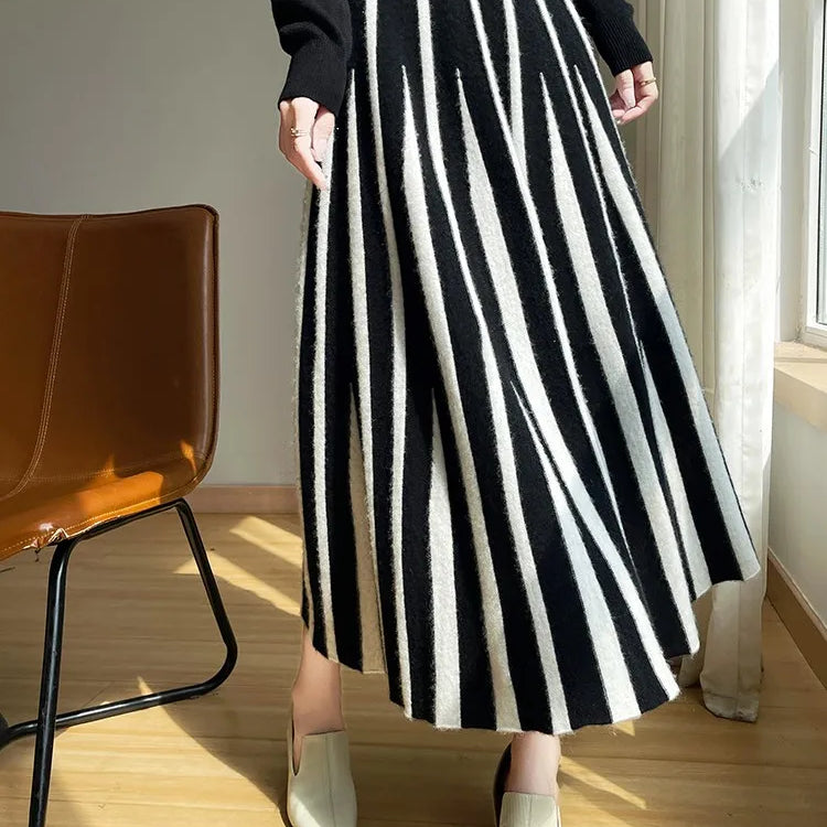 100% Pure Wool Half Skirt Women's High Waisted Knitted Long Skirt Fashion Striped A-Line Skirt Umbrella Skirt Autumn Winter New
