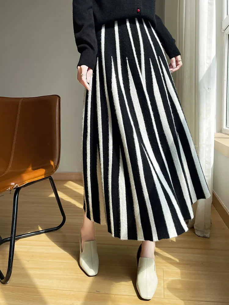 100% Pure Wool Half Skirt Women's High Waisted Knitted Long Skirt Fashion Striped A-Line Skirt Umbrella Skirt Autumn Winter New