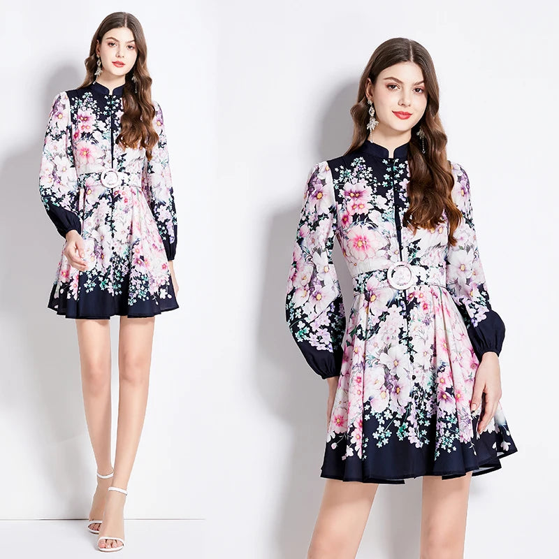 Women Linen Clothing Spring Summer Runway Fashion Flower Print Vintage Dress Stand Neck Long Lantern Sleeve Belted Mini Dress black