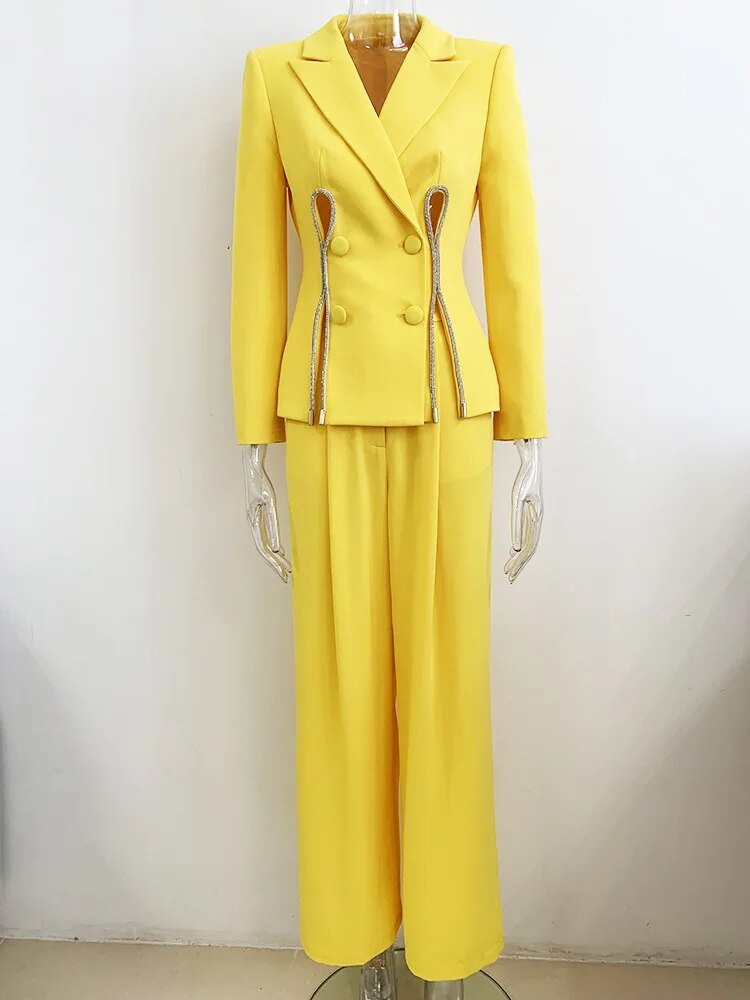 Yellow Pants Set 2024 New Designer Blazer with Diamond Striped Split Suit Jacket Straight Trouser Two Piece Set Outfits Women