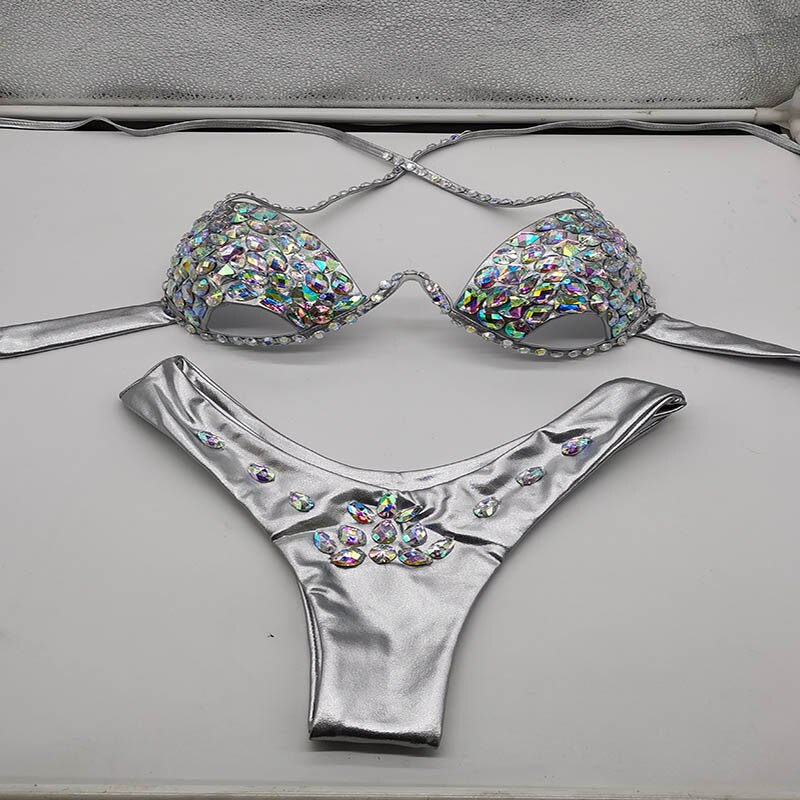Push Up Rhinestone Bikini Luxury Crystal Diamond Women Swimwear Hollow Out Swimwsuit Manual Customized Bathing Suit Silver