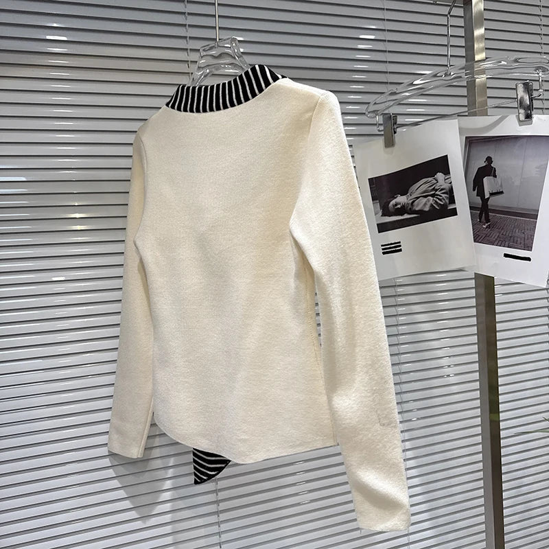 Winter New Fashion V-Neck Striped Tie Scarf Stretch Knitted Sweater For Women Versatile Slim Fit Cardigan 11A07931