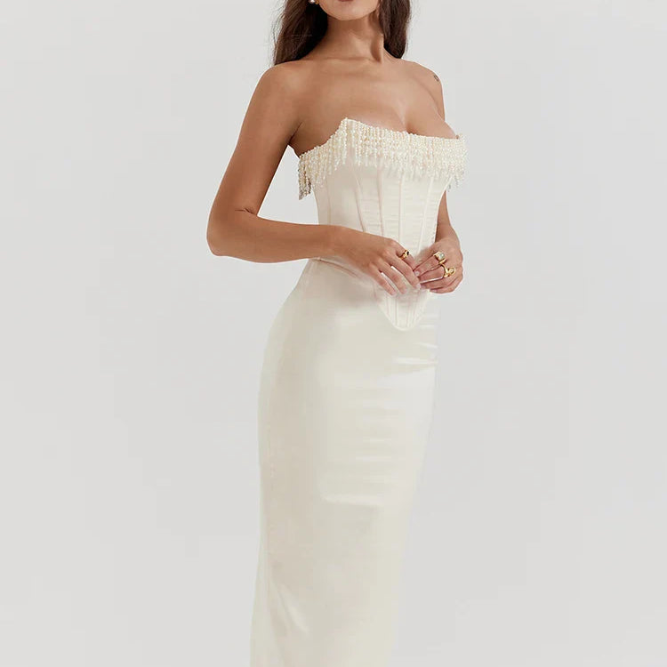 Pearl Tassel Sexy Midi Dress For Women Fashion Party Outfits Off-shoulder Strapless Backless Bodycon Club Sexy Dress