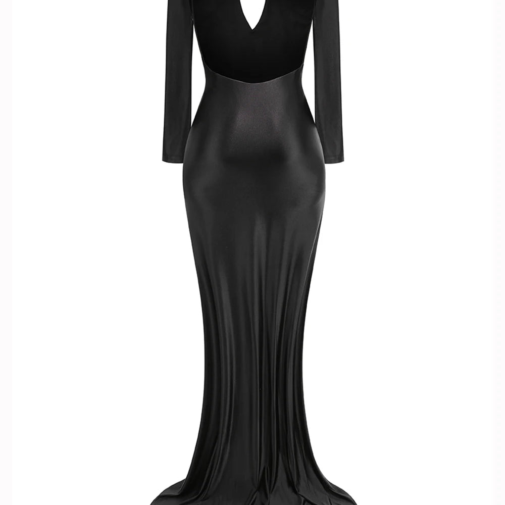 Elegant Solid Women Long Sleeved Floor Length Dress Sexy Party Backless Slim Female Maxi Dresses 2025 Summer New Chic Lady Robe