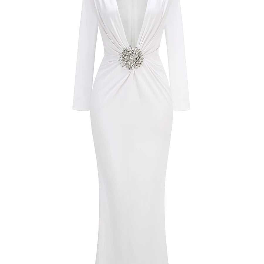 Black Maxi Dresses Women Sexy Deep V Neck Long Sleeves Gowns Runway Party Wear 2024 Spring New Fashion WHITE