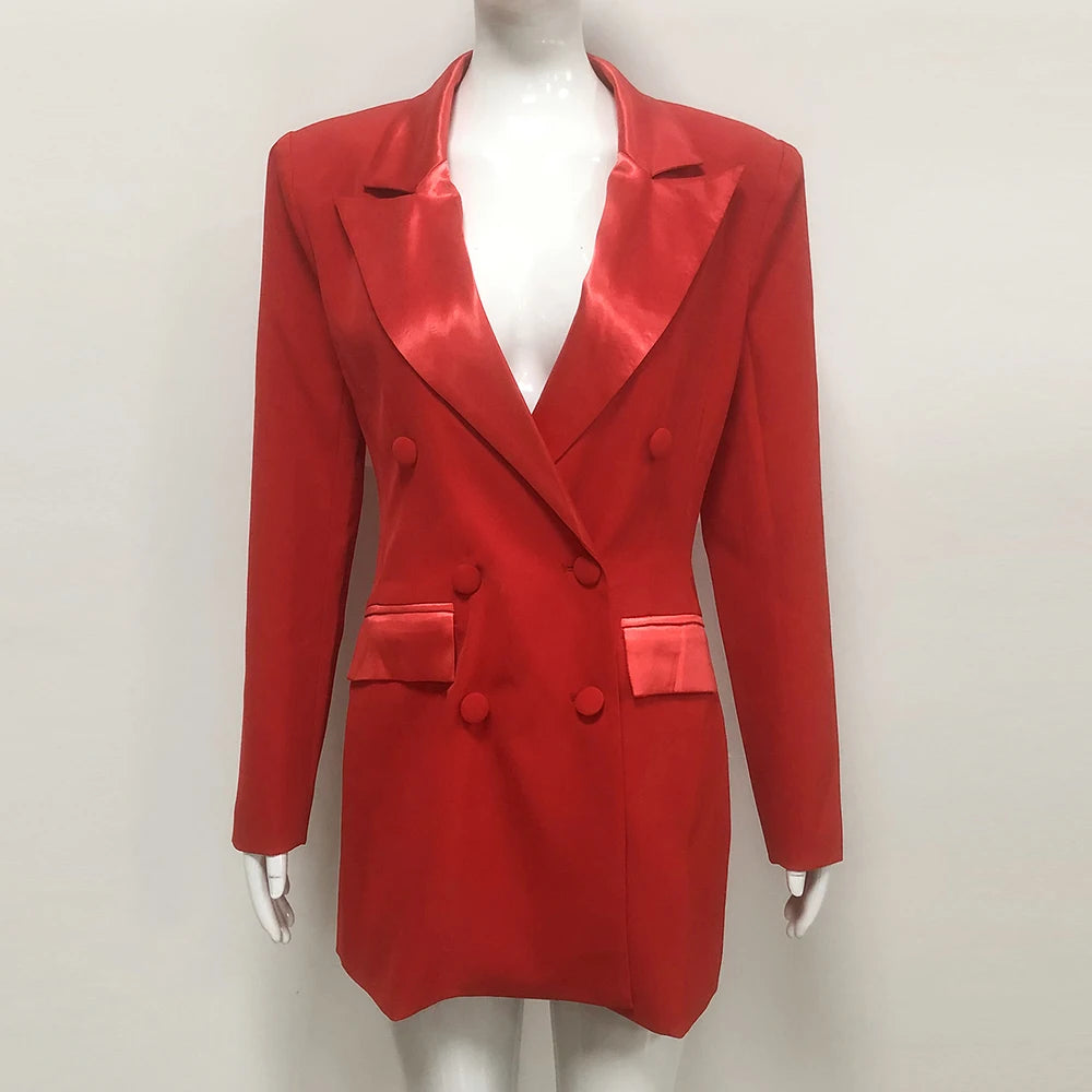 Modphy Women Fashion Double Breasted Red Blazer Coat Notched Neck Long Sleeves Female Outerwear Chic Lady Outfits Red